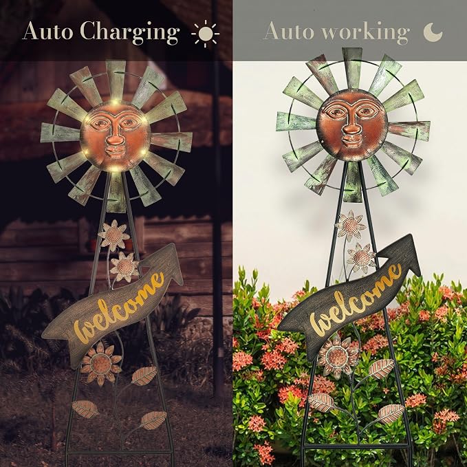 TERESA'S COLLECTIONS Garden Decor with Solar Outdoor Lights, Wind Spinner Yard Art Sign for Outside, 26'' Bronze Metal Sun Face Windmill Decorative Garden Stake for Lawn Ornaments, Gifts for Mom