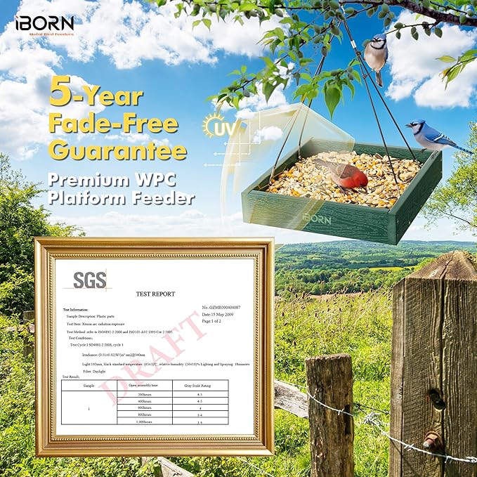 iBorn Platform Bird Feeder Tray, Bird Feeders for Outdoors Hanging, Flat Birdfeeder Tray with Large Capacity 3LBS, WPC Recycled Plastic & Cedar Look, Waterproof, 10.5"x10.5", Green