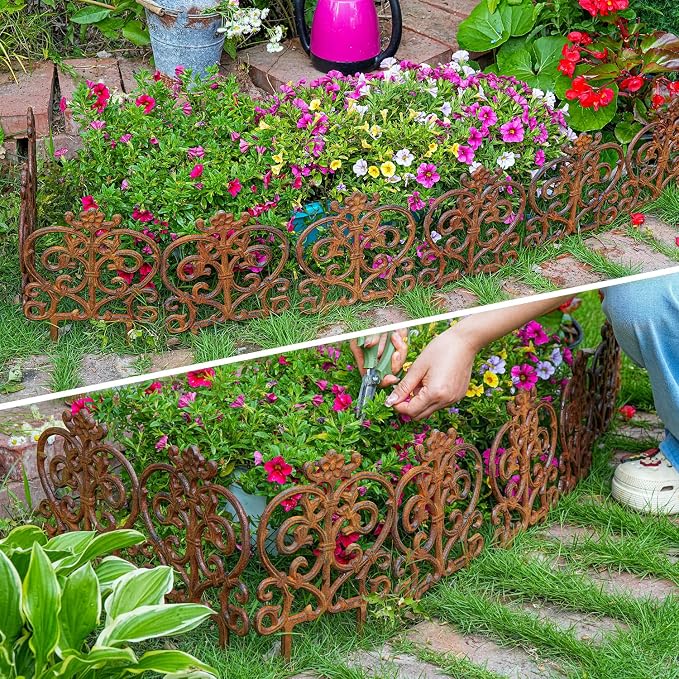 Sungmor Decorative Cast Iron Garden Edging, 4 Pack Full Rusted Victorian Garden Edging Landscape Border, Vintage Metal Yard Stake Low Picket Fence, 11.8" Tall Outdoor Flower Bed Lawn Fence Panels