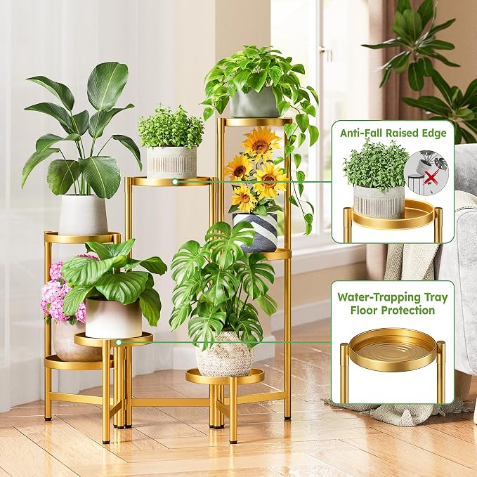 Stand Plants Gold, 7 Tiered Corner Plant Stand Indoor Outdoor, Tall Folding Rack with Rust Proof 7.9 Inch Wide Tray, Heavy Duty Flower Shelf for Multiple Plants for Patio - GoldDisk