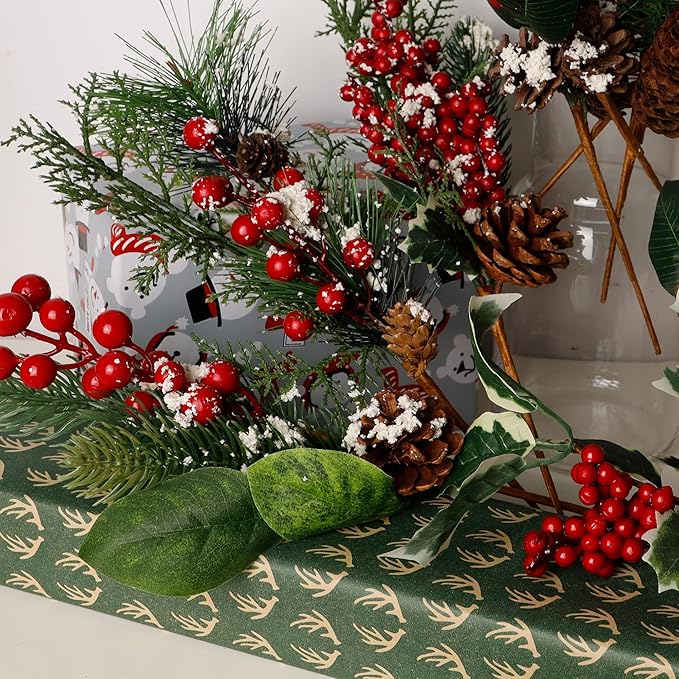 DR.DUDU 12 Packs Holiday Faux Christmas Evergreen for Wreaths, Swags, Topiaries, Elements Include Types of Evergreens, Holly Leaves, Winter Berries, Pine Cones, Laurel Leaf (6 Styles, 12-14 in)