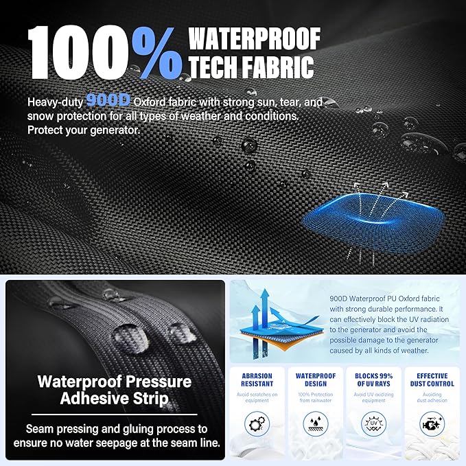 Generator Covers, 900D Heavy Duty Waterproof Fabric. 32L×24W×24H Inch Outdoor Generator Covers, with Windproof Strap Buckles. Fits most 5000-10000 watt Generators, Black.