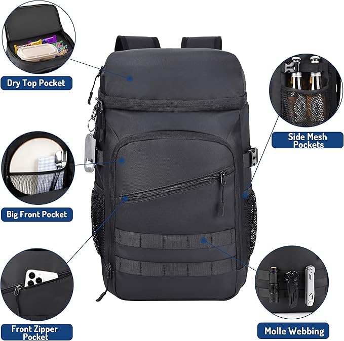 DEYACE Cooler Backpack, 33 Cans Tactical Inspired Backpack Cooler Insulated Leak Proof for Men & Women Portable 2 Leak Proof Compartments Coolers Bag for Beach Travel Picnic Lunch Hiking BBQ Camping