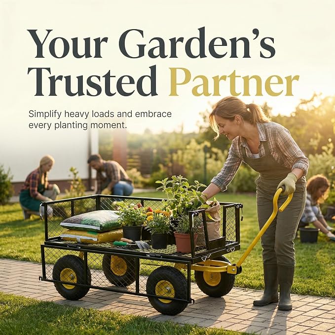 Finnhomy Heavy Duty 1000 Lbs Capacity Mesh Steel Garden Cart, Pullable Garden Wagons Carts on Wheels, Folding Utility Wagon with Removable Sides for Outdoor, Yard, Lawn, Yellow