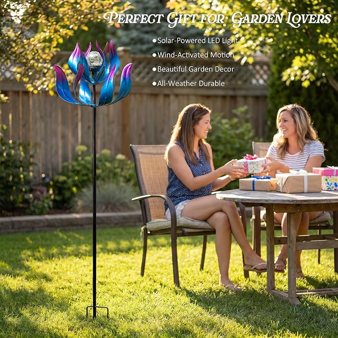 61'' Solar Wind Spinners for Yard and Garden - Large Metal Kinetic with Solar Powered LED Crackle Glass Globe, Vibrant Blue & Purple Gradient Lotus Flower Yard Art for Outdoor, Patio, Lawn Decor