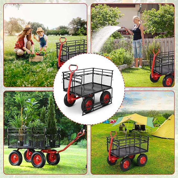 GarveeTech Heavy-Duty Metal Wagon Dump, 1440lbs Steel Garden Dump Cart, with Removable Mesh Sides, 2 in 1 Push and Pull 180° Rotating Handle & 16in All Terrain Wheel for Garden, Yard