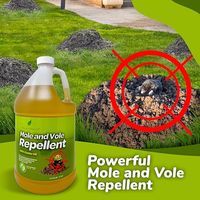 Natural Elements Mole and Vole Repellent | 100% Castor Oil | Pet Safe and Non Toxic (4 Gallons)