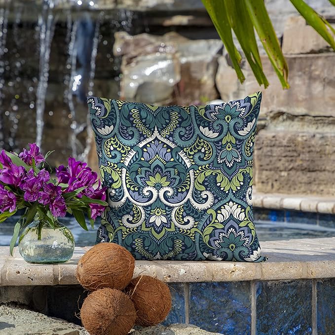 Arden Outdoor Toss Pillow, 2 Pack, 16 x 16, Rain-Proof, Fade Resistant Sapphire Aurora Blue Damask