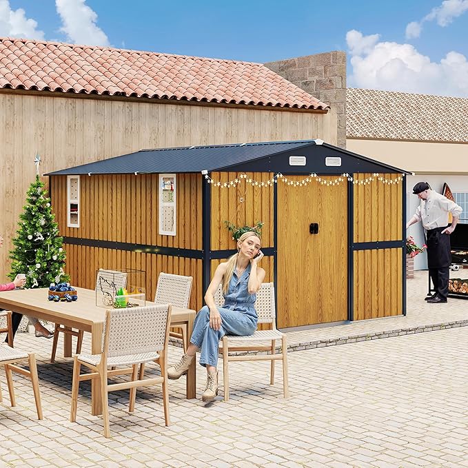 KEIKI 10x12 FT Outdoor Metal Storage Shed with Lockable Doors, Windows, and Ventilation, Garden Shed for Backyard, Patio, or Tool Storage, Yellow
