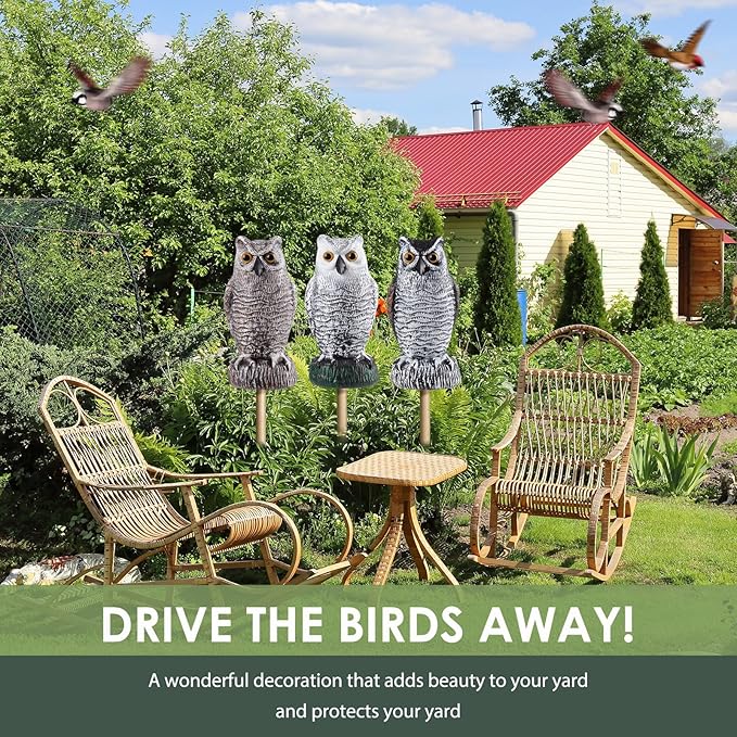 Fake Owl Decoy to Scare Birds Away, Plastic Garden Owl Scarecrow for Garden, Waterproof Owl Statue for Courtyard Orchard Doorway Roof Owl Decor 3 Pack