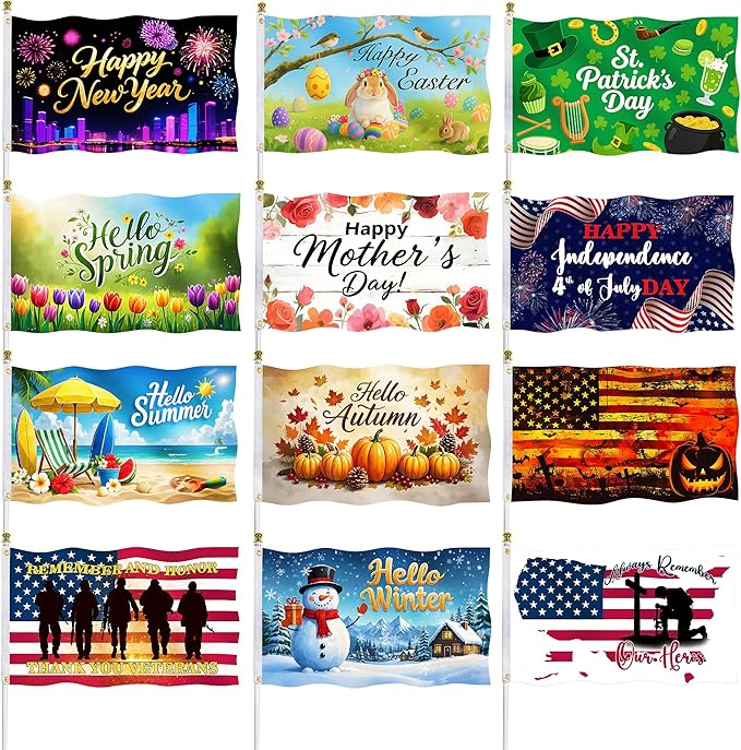 12 Pcs Seasonal Garden Flags 3x5 ft Double-Sided Outdoor Yard Flags with 2 Brass Grommets Each, Includes Spring, Summer, Fall, Winter & Major Holiday Flags for Year-Round Garden and Yard Decor
