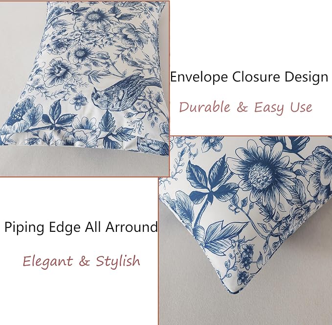 FADFAY Sunflower Bird Sheets Set Twin 100% Egyptian Cotton Blue Toile de Jouy Bedding Vintage Blue and White Floral Farmhouse Bedding Shabby French Country Sheets Deep Pocket Soft Breathable 4Pcs