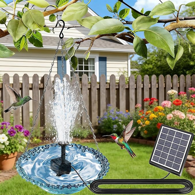 4 Pack Hanging Bird Baths Bowl Outdoor Bird Feeder 15.7 Inch Metal Chains, Weather-Resistant Hanging Bird Feeder & Bath Tray for Garden, Patio, Backyard Wildlife Decor (Solar Style)