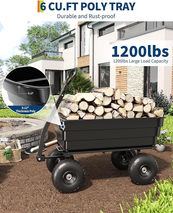 Heavy Duty Gorilla Cart-Style Dump Utility Wagon, 1200lb Poly Wheelbarrow with 13" All-Terrain Tires, Quick-Release Yard Garden Cart on Wheels for Landscaping, Lawn Tractor Tow, 4 cu.ft