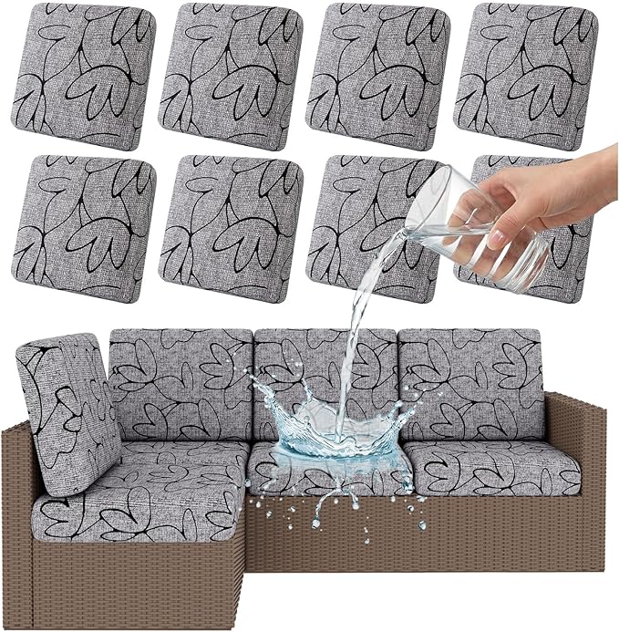 Smiry Waterproof Patio Cushion Covers, Stretch Outdoor Couch Slipcovers Replacement Washable Furniture Protector Sofa Chair Seat Cover for Dogs and Pets (8 Pcs, Grey and Black)
