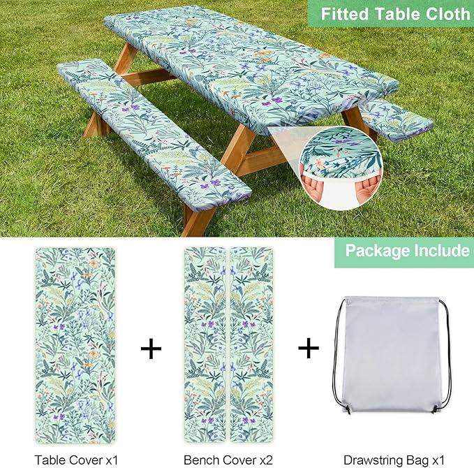 Picnic Table Cover with Bench Covers Camping Essentials Waterproof Windproof Camping Tablecloth with Drawstring Bag, Fitted Rectangle Tables and Seats, 72in, Gray Blue