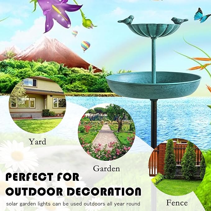 JOYBEE 38In Metal Double Bird Bathtub Stake for Outside, Vintage Freestanding Birdbaths, Bird Baths Feeder Bowl for Outdoors Garden Patio Yard Lawn Decor, Upgraded 5-Pronged Base (Blue)