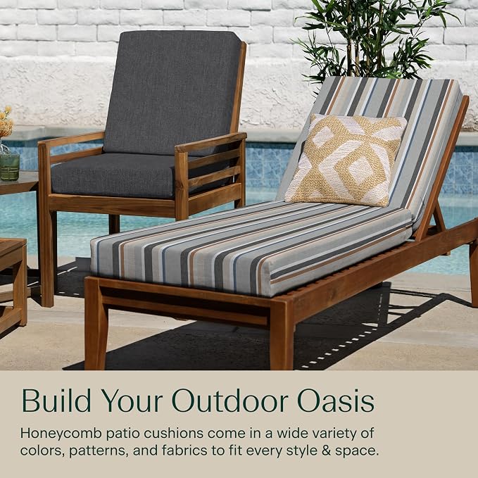 Honeycomb Outdoor Chaise Lounge Cushion for Patio Furniture, Water & Fade Resistant, Removable Cover, 21.5 x 70, Heritage Stripe Stone Beige