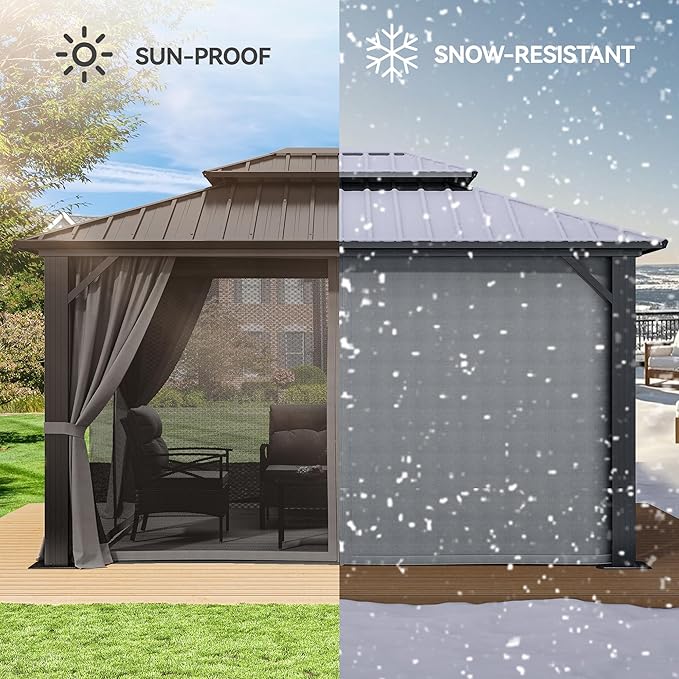 YITAHOME 10X12FT Hard Top Metal Gazebo Patios Double Roof Canopy Aluminum Frame Garden Gazebo Tent Curtains Netting for Patios Backyards Decks Lawns Gray