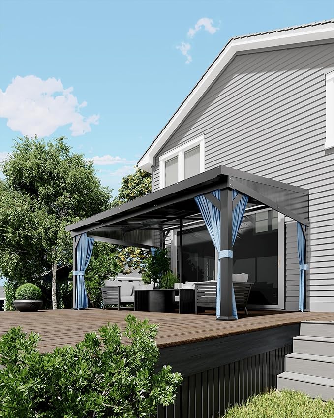 10'x14' Wall-Mounted Lean-to Gazebo with Galvanized Steel Roof, Gutters & Sliding Netting/Curtains – Hardtop Metal Pergola Canopy for Patio, Backyard, Garden, or Carport – Weather-Resistant & Durable