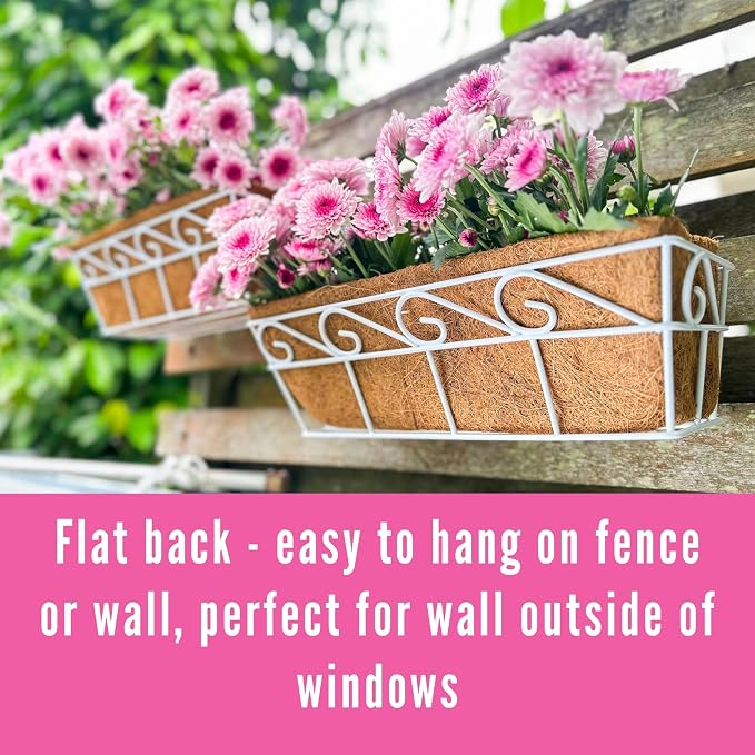 LaLaGreen Wall Mounted Planters (16 Inch, 2 Pack) Window Flower Boxes Basket Outdoor, Balcony Planter Over the Rail, Deck Railing Hanging with Coco Liners, White Metal Horse Troughs Fence Patio Porch