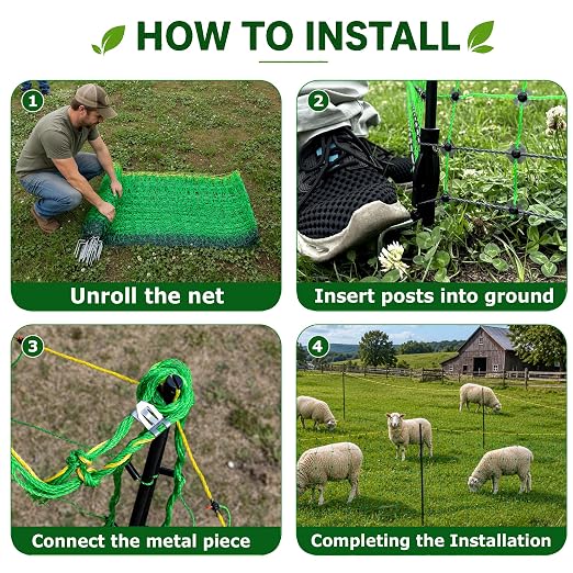Electric Fence Netting, 164'L x 47.2" H Electric Fence Kit for Livestock, Farms, Backyards, Garden, Assembled Double Spiked Portable Electric Farm Fence