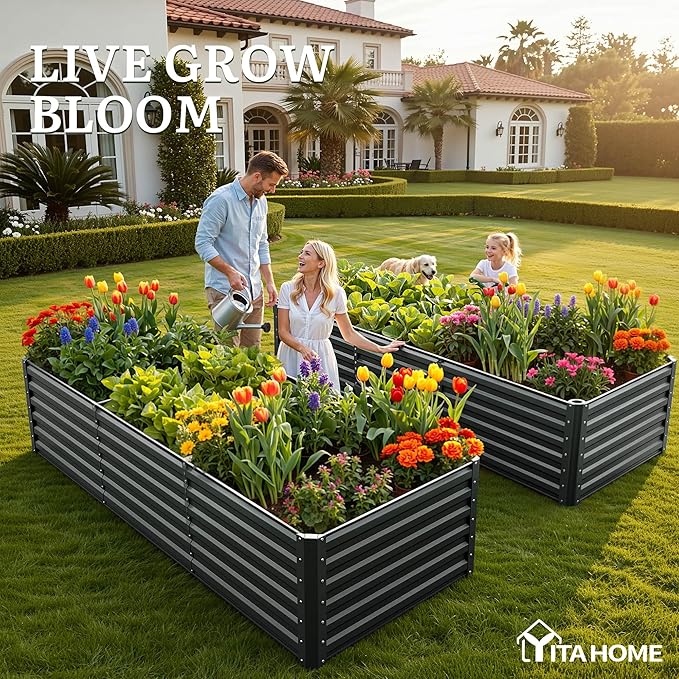 YITAHOME 6pcs 8x4x2 ft Galvanized Raised Garden Bed Kit, Large Metal Planter Box with Gloves, Safety Rubber & Support Rod, Outdoor Flower Bed for Plants Vegetables, Black