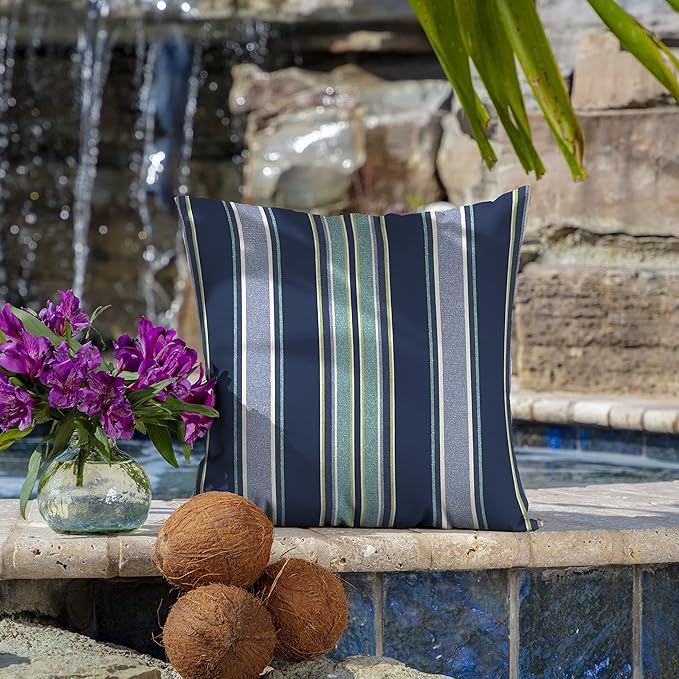 Arden Outdoor Toss Pillow, 2 Pack, 16 x 16, Rain-Proof, Fade Resistant Sapphire Aurora Blue Stripe