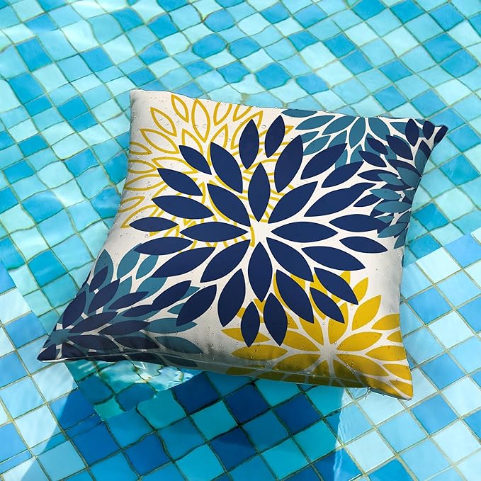 DFXSZ Blue Yellow Flower Pillow Covers 24x24 Inch Set of 2 Outdoor Throw Pillows Outdoor Waterproof Decor for Living Room Sofa Patio Funiture Garden Floral Polyester Pillow Covers 012D24