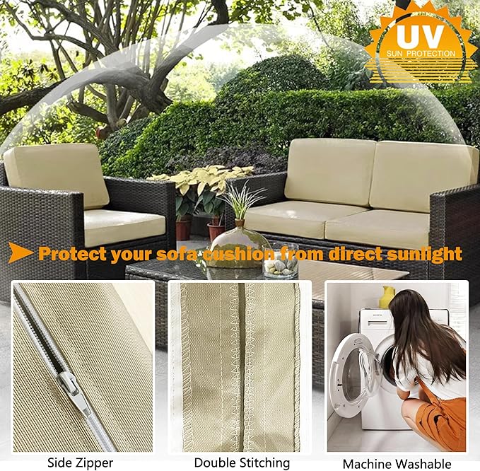 Sqodok Patio Cushion Covers 22x22 Waterproof Outdoor Cushion Covers Replacement 4Pack Patio Cushion Seat Slicovers with Ties for Sectional Sofa, Wicker Chair, Tan