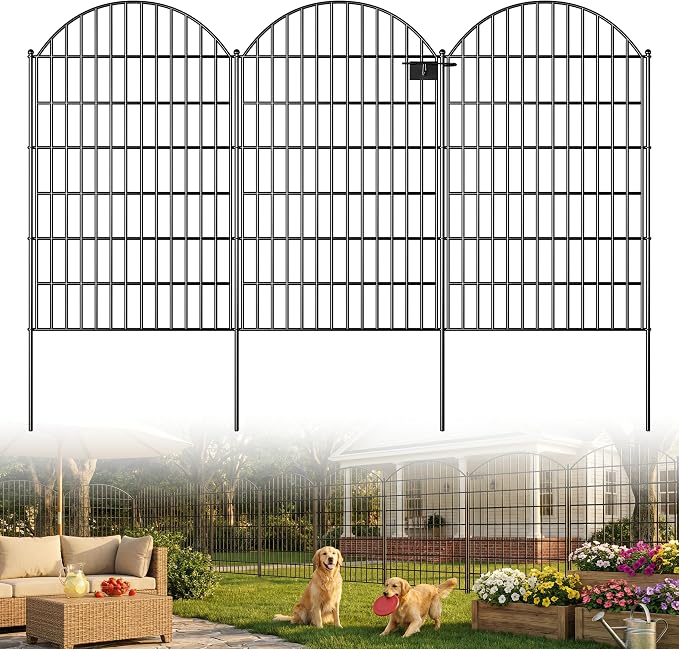 Toolterritary 5 Panels Arched No Dig Decorative Garden Fence with Gate, 48in(H) x 12.5ft(L) Dog Fence Outdoor for Yard, Rustproof Metal Garden Fence Animal Barrier for Dogs, Rabbits & Patio