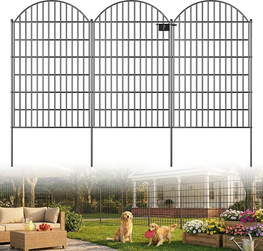 Toolterritary 5 Panels Arched No Dig Decorative Garden Fence with Gate, 48in(H) x 12.5ft(L) Dog Fence Outdoor for Yard, Rustproof Metal Garden Fence Animal Barrier for Dogs, Rabbits & Patio