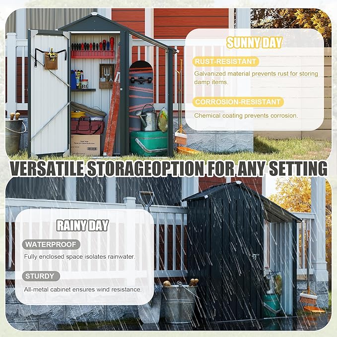 YOPTO Storage Shed,Iron 2-in-1 Storage Cabinet with A Solid Lock System and Sloped Roof,Outdoor Firewood Shed w/Waterproof,Garden Tool House for Lawnmowers,firewood,Dark Gray