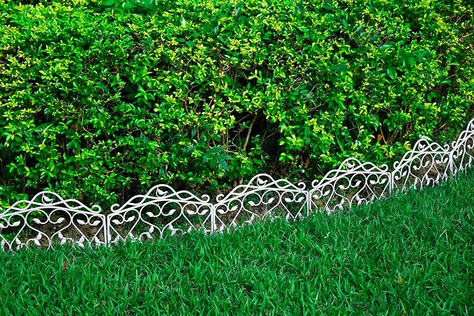 Evelyne Decorative Garden Border Plastic Edging – PP Plastic, Short Metal-Free Faux Wrought Iron Leaf & Bird Design, 8pcs Yard Landscaping Fence Liner Lawn Edge Barrier, 10ft Kit of Decorative Panels