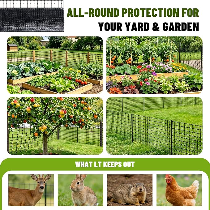 Gisafai 6x200ft (50gsm) Deer and Animal Fence Barrier Netting with 100 Zip Ties, Plastic Heavy Duty Mesh Fence Barrier, Ideal for Garden Netting, Against Bird, Fruit Plant Protection, Black