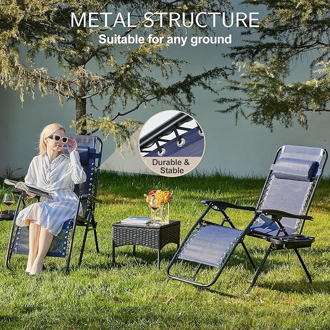 Sweetcrispy Zero Gravity Chairs Set of 2, Outdoor Folding Reclining Lounge Chair with Cup Holder Tray & Adjustable Pillow, Portable Camping Beach Patio Poolside Lawn Yard Chair, Classic Blue