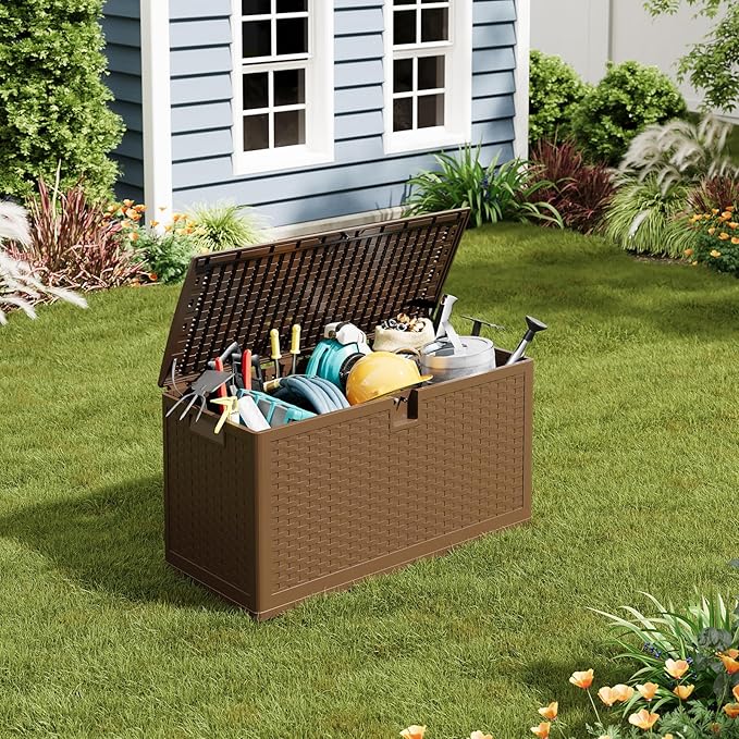 Outdoor Resin Deck Box, 73 Gallon Waterproof Storage Box Lockable, Outside Storage Box Container for Patio Furniture Cushions, Garden Pool Tools and Accessories, Brown