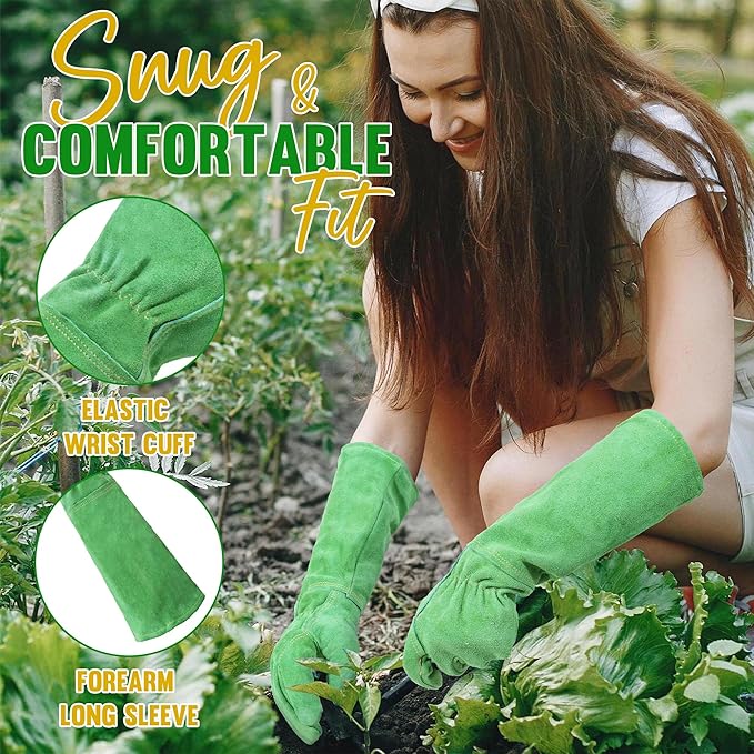 HANDLANDY Leather Gardening Gloves, Thorn Proof Long Gauntlet Heavy Duty Garden Gloves, Elbow Length Rose Pruning Weeding Yard Glove (X-Large, Green)