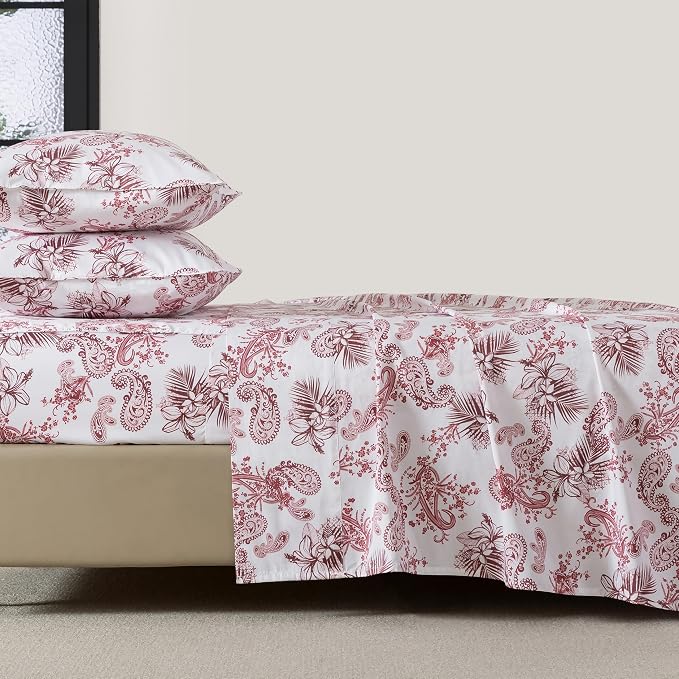 FADFAY Paisley Sheets Set King 100% Egyptian Cotton Exotic Tropical Floral Sheets Vintage Red & White French Country Bedding Shabby Romantic Farmhouse Bedding Soft & Breathable Deep Pocket, 4Pcs