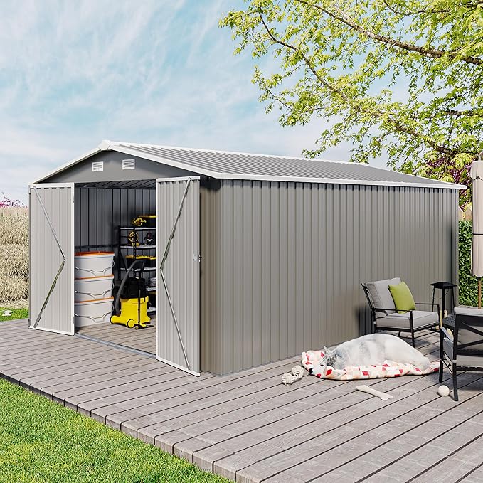 YOPTO 10x14 FT Outdoor Storage Shed, Extra Large Metal Garden Shed with Waterproof Roof, 4 Vents and 3 Lockable Doors,All-Weather Tool Shed Storage House for Backyard, Patio, Lawn,Light Grey