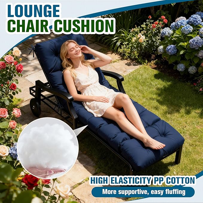 MTMR Chaise Lounge Chair Cushion Outdoor, Waterproof Seat Cushions for Patio Furniture, Non-Slip Outdoor Replacement Pad for Lawn Pool Wicker Couch Loveseat, Thick Long Lounge Cushion, Navy Blue