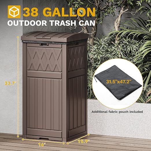 DWVO 38 Gallon Outdoor Trash Can, Resin Garbage Can with Tiered Lid and Drip Tray, Waterproof Trash Bin for Patio, Kitchen, Backyard (Brown)