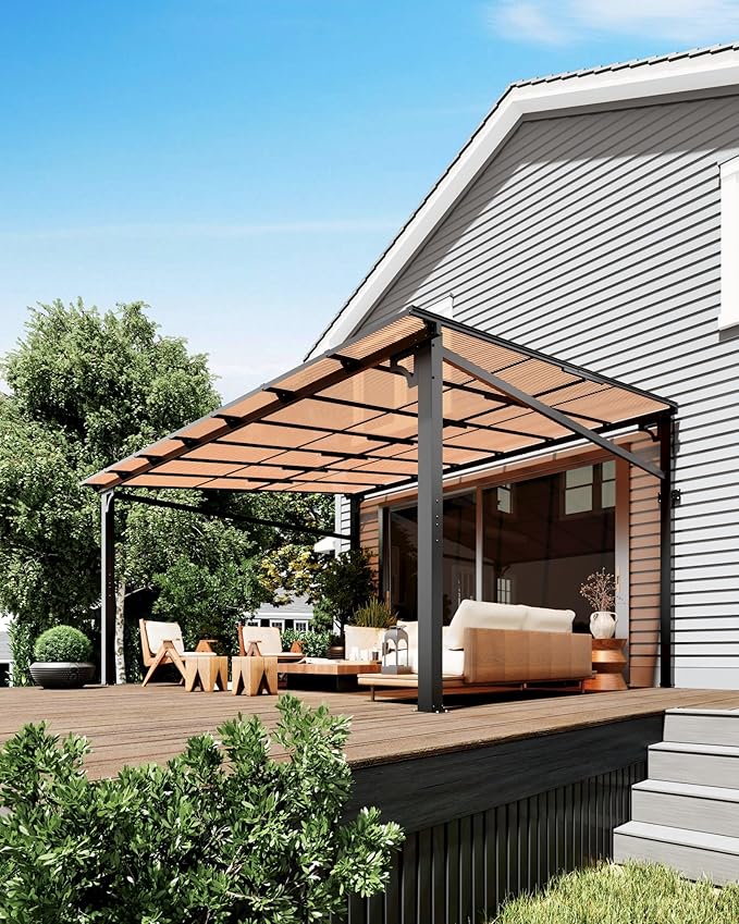 GarveeLife 10 ft x 14 ft Lean to Gazebo, Hardtop Wall Pergola with Polycarbonate Roof, Aluminum Frame Slant Mounted Gazebo for Lawn Patio Deck Yard and Party