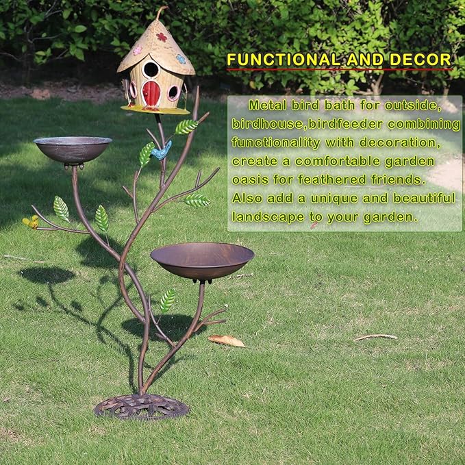 39" H Cast Iron Pedestal Bird Bath, Bird Baths for Outdoors with Metal Bird House Bird Feeder 3-in-1, Garden Yard Lawn Decor