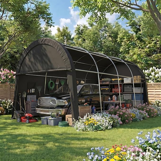 COBIZI Carport 12x20 Heavy Duty Storage Shelter Shed Portable Garage with All-Steel Metal Frame & Vents, Round Style Outdoor Storage Shed for Car, Truck, Boat, Waterproof Carport Canopy Anti-Snow