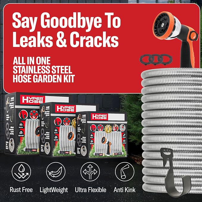 Best 50 ft Metal Garden Hose Set - No-Kink Durable 316 Stainless Steel, 10-Way Zync Spray Nozzle & Hook – Tough Flexible Heavy Duty Water Hoses, 5/8 in, Rust, Weather, LeakProof