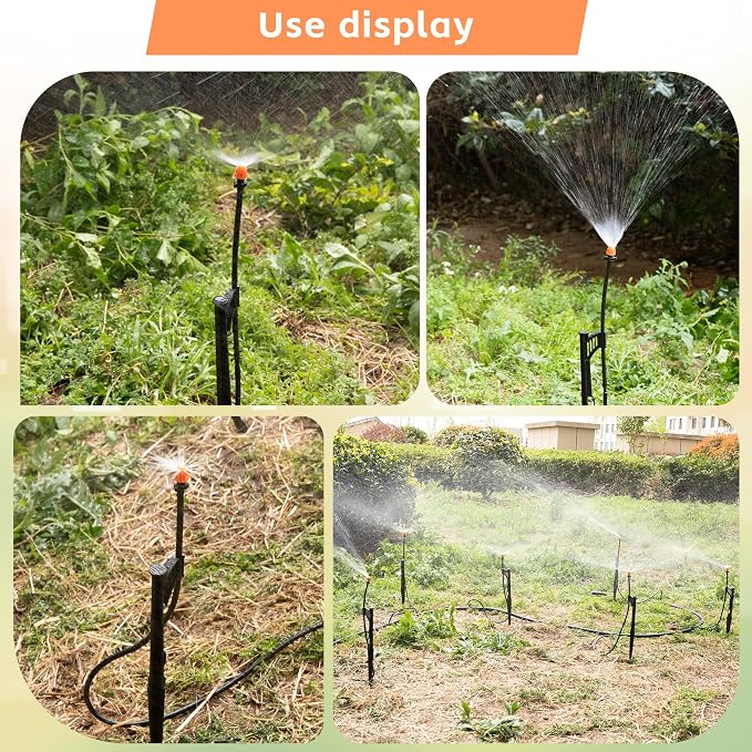 12 Sets 180° Drip Micro Spray Emitters with Sprinkler Stake, Drip Sprinkler Heads with Adjustable Riser 1/4" Irrigation Tubing and Barbed Coupler,Micro Sprinkler Assembly for Garden Irrigation System