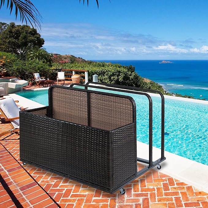 MAROUTE Double Layer Poolside Float Storage - PE Rattan Outdoor Caddy with Generous Space, Weather-Resistant, Mobile Design, Versatile Use, and Sturdy Construction, Brown