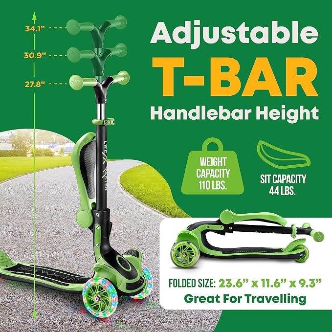 3 Wheel Scooter for Kids with Foldable Seat, Adjustable Handlebar Height, Lean-to-Steer Ride On Toy for Kids Ages 2+, Light-Up LED Wheels, Wide Anti Slip Deck, Indoor & Outdoor Use