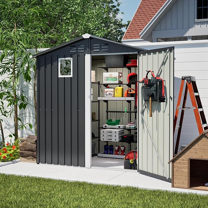 YOPTO 6x4 FT Outdoor Storage Shed,Metal Shed with Window,Garden Shed W/Dual Air Vents & Lockable Sliding Door,All Weather Waterproof Tool House W/Sloped Roof,for Patio,Yard,Lawn,Black